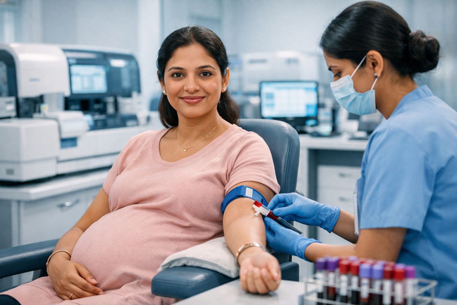 High-Tech Laboratory Services for Accurate Diagnostic Tests in pregnancy blood sample collection with nurse and pregnant woman in maternity diagnostic lab