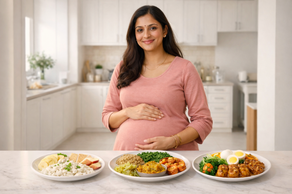Foods to eat during pregnancy for healthy baby – Indian pregnant woman showing trimester wise pregnancy diet plan with light meals, balanced meals and high protein foods.
