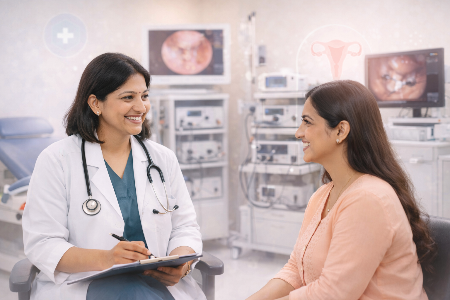 Female gynecologist consulting a patient in an endoscopy hysteroscopy laparoscopy unit in Gangavathi, modern women’s health clinic with advanced gynecology care