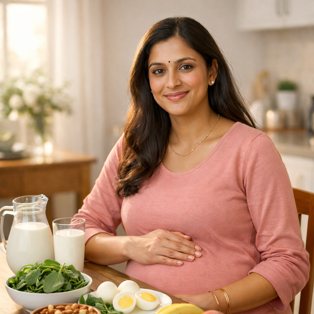 Foods to eat during pregnancy for healthy baby – Indian pregnant woman sitting at dining table with milk, eggs, leafy vegetables, nuts and fruits in healthy pregnancy diet.
