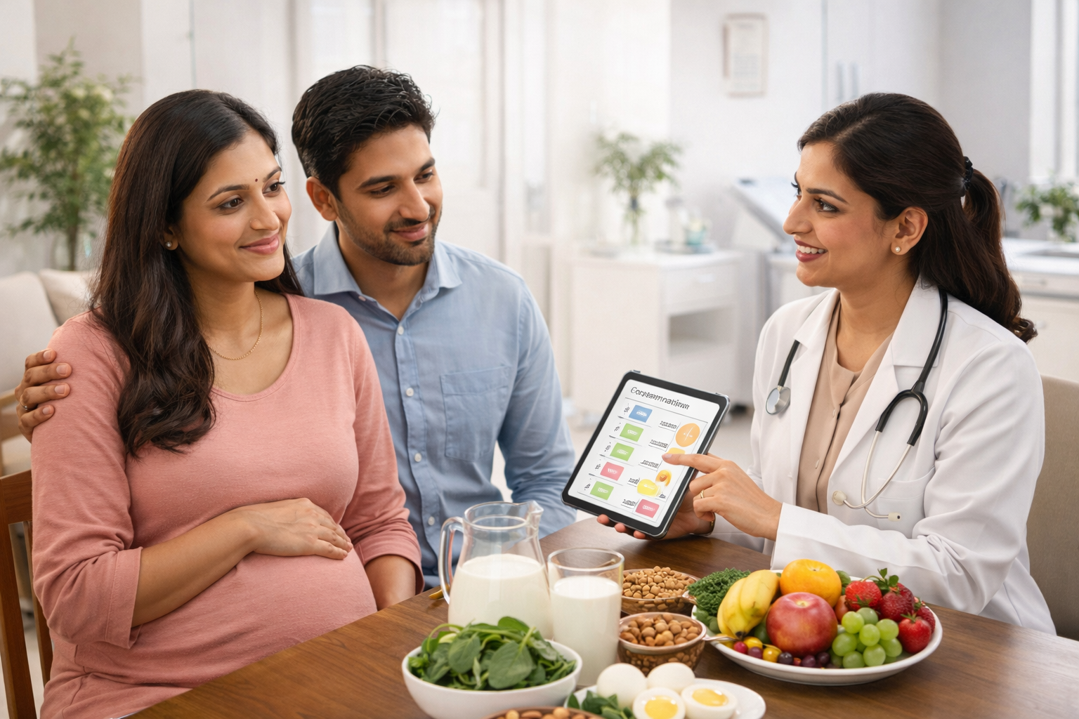 Foods to eat during pregnancy for healthy baby – Indian pregnant couple consulting female doctor nutritionist about pregnancy diet chart and nutrition plan in fertility clinic.