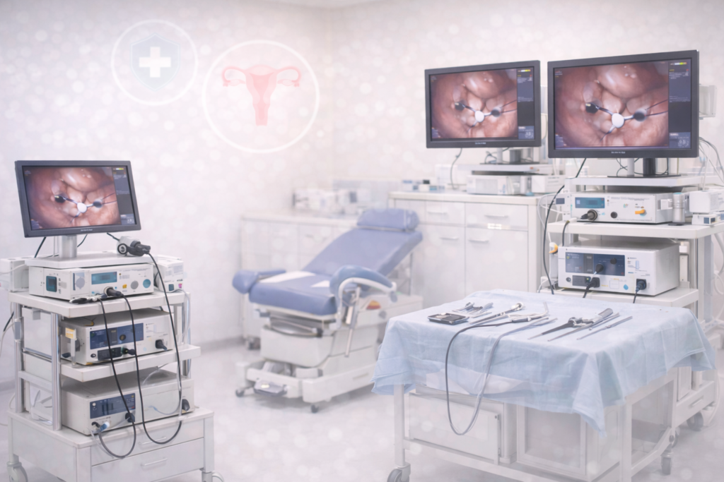 Hysteroscopy and laparoscopy equipment in an endoscopy hysteroscopy laparoscopy unit in Gangavathi, advanced women’s surgery setup