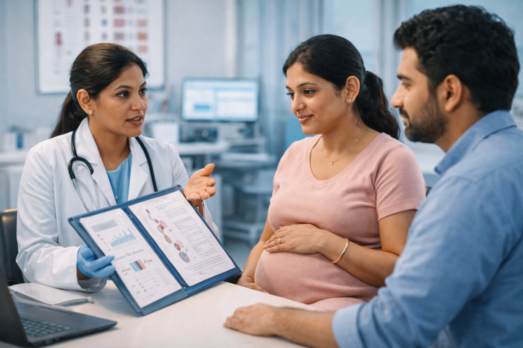 Trimester-wise pregnancy lab tests explained by obstetrician in consultation room using High-Tech Laboratory Services for Accurate Diagnostic Tests